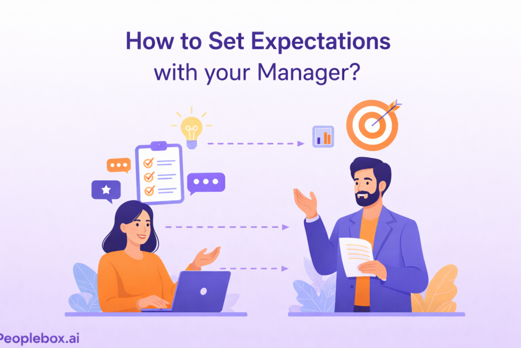 Illustration showing an employee and manager having a structured conversation, with icons for goals, communication, and alignment on a soft purple gradient background, representing how to set clear expectations with your manager.