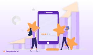 Illustration of two figures adding stars to a smartphone displaying a rating, with rising graphs in the background, symbolizing positive reviews and growth.