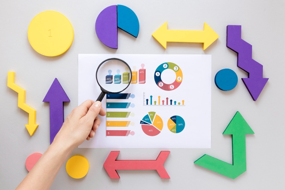 Magnifying glass over performance charts with colorful arrows and shapes.