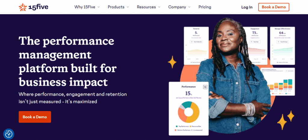 15Five website homepage with the headline 'The performance management platform built for business impact' and featuring a woman smiling with performance metrics and charts displayed around her.