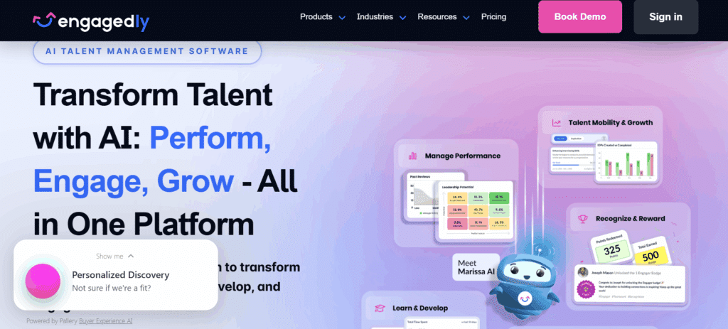 Engagedly website homepage showcasing its AI talent management software for performance, engagement, and growth, featuring a cartoon AI assistant and interface examples for performance management, talent mobility, recognition, and learning.