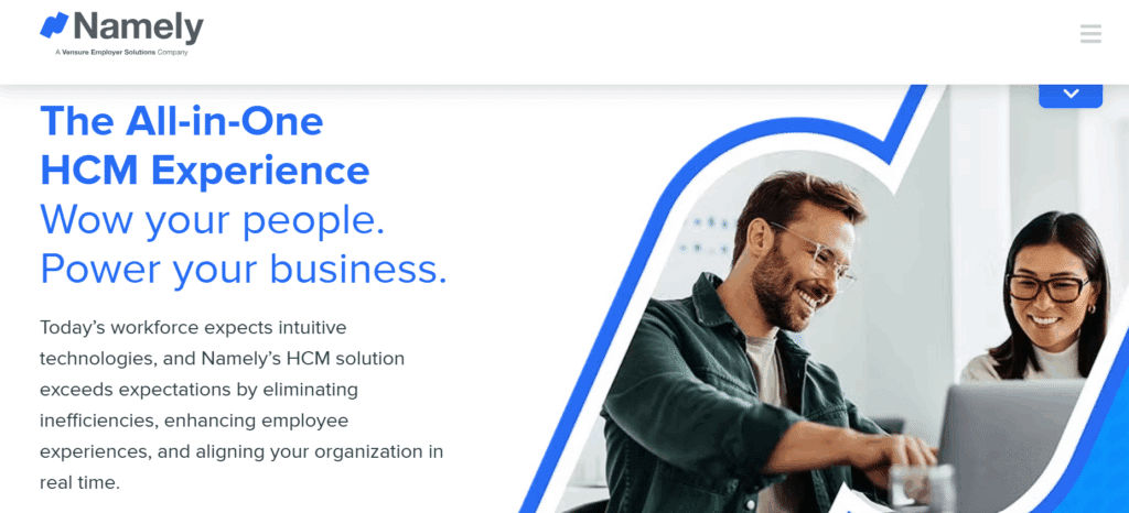 Namely website homepage featuring the tagline 'The All-in-One HCM Experience. Wow your people. Power your business.' and showing two smiling professionals working on a laptop in a collaborative setting.