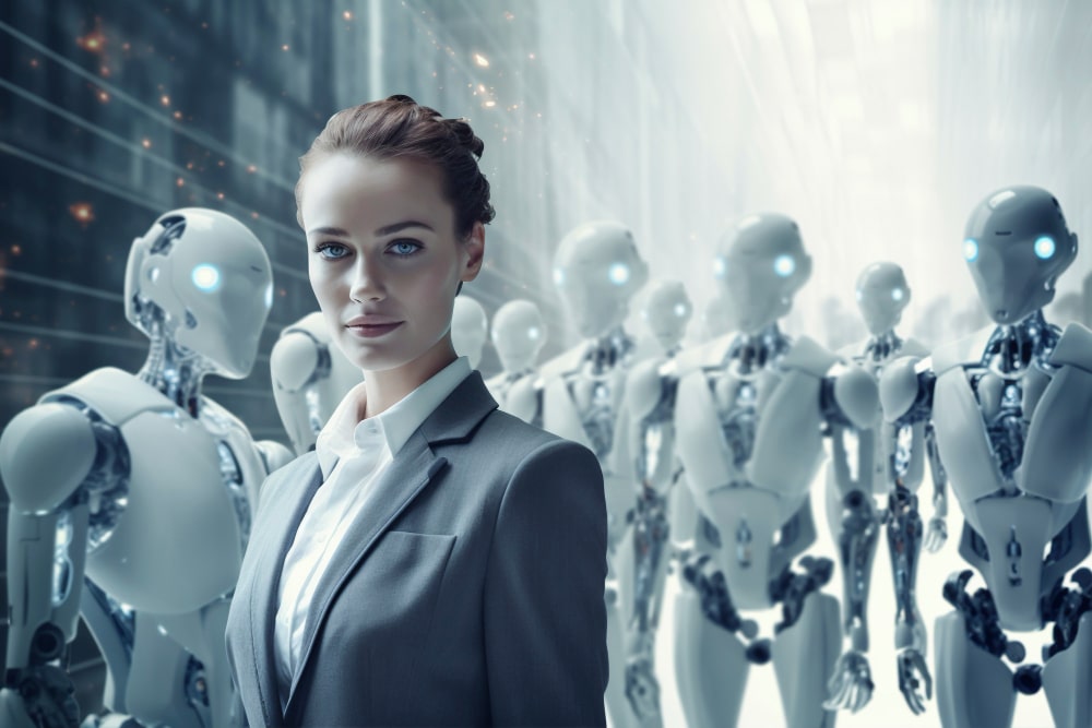 Woman leading a group of robots, symbolizing AI as a coach in leadership development.