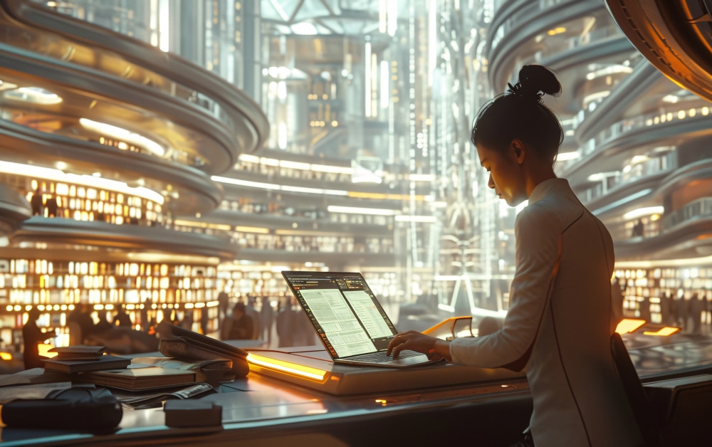 Woman working in a futuristic hub, symbolizing the rise of human capital tech during a recession.