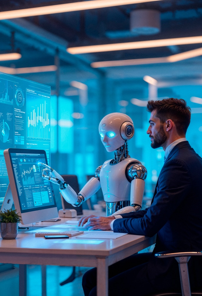 AI and human analyzing performance data together, symbolizing corporate performance management in 2025.