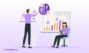 Illustration of a man presenting quarterly financial data and a gender distribution pie chart to a seated woman holding a tablet.