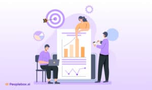 Three people collaborating on data analysis, with one person sitting at a laptop and two others examining a screen displaying charts and an upward trend line. Sources and related content