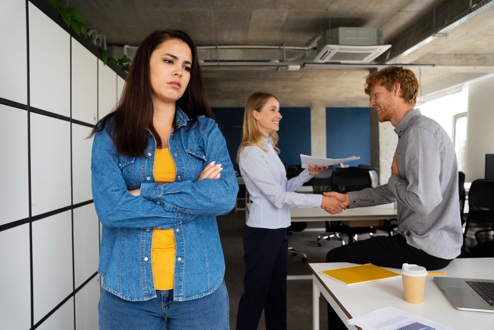 Employee looking upset as two colleagues share a positive moment, showing bias in performance reviews.