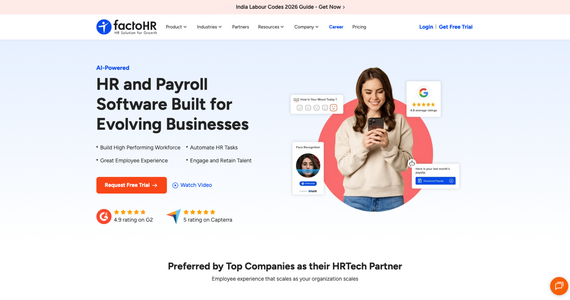 factoHR homepage showcasing AI-powered HR and payroll software with 4.9 G2 rating and face recognition attendance