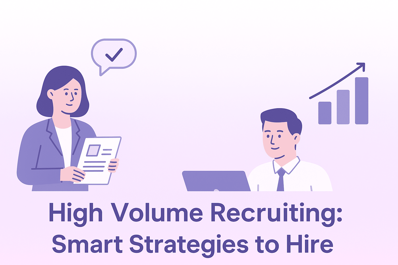 Illustrated concept of high-volume recruiting with vector graphics showing resumes, interview scheduling, chatbots, and analytics icons on a gradient background.