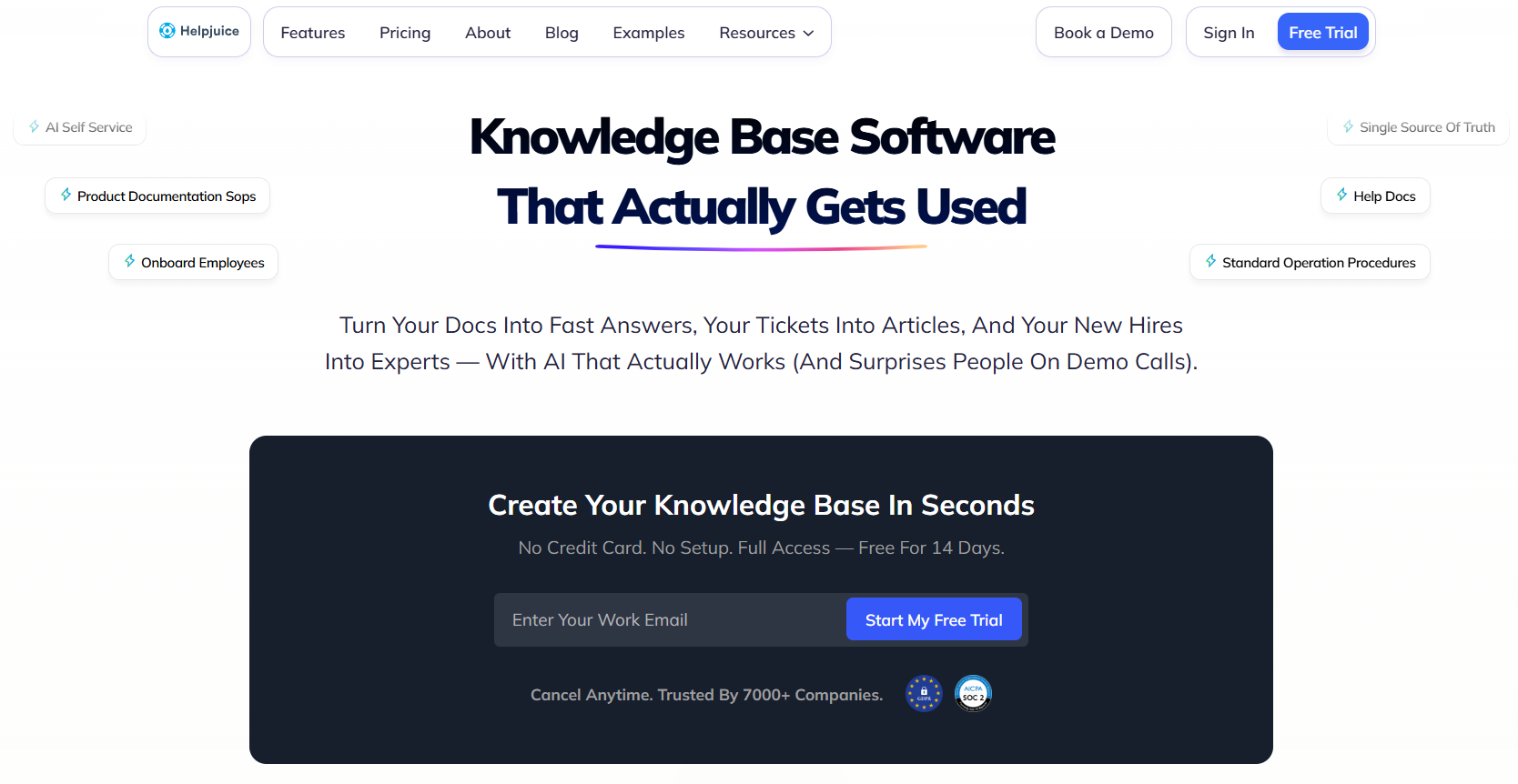 Helpjuice homepage showing its AI-powered knowledge base software interface with headline text ‘Knowledge Base Software That Actually Gets Used,’ highlighting features such as AI Self Service, Product Documentation SOPs, and Onboard Employees. The page includes a call-to-action to create a knowledge base instantly with a free 14-day trial.
