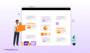 Illustration of a person standing beside a large dashboard interface displaying charts and task cards, representing performance management best practices tracking with Peoplebox.ai.
