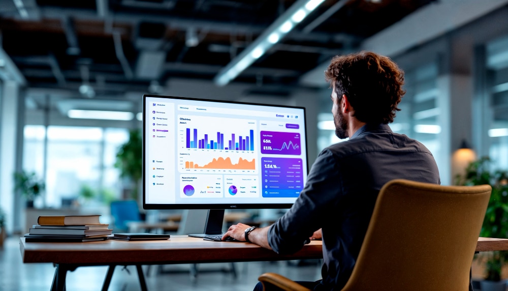Professional analyzing performance data on a digital dashboard in a modern office.