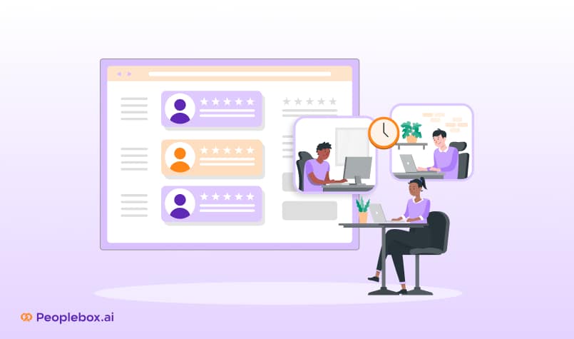 Illustration of remote employees working on laptops, connected via screens, with a performance review dashboard in the background. Branding: Peoplebox.ai.