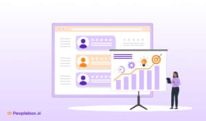 Illustration of a woman analyzing a performance review dashboard with charts and graphs, showing employee ratings and growth metrics on Peoplebox.ai.