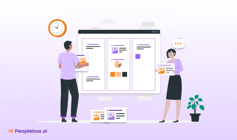 Illustration of two individuals, one seemingly a man and the other a woman, are discussing content displayed on a large screen divided into sections, possibly in a work or design setting, as indicated by the Peoplebox.ai logo.