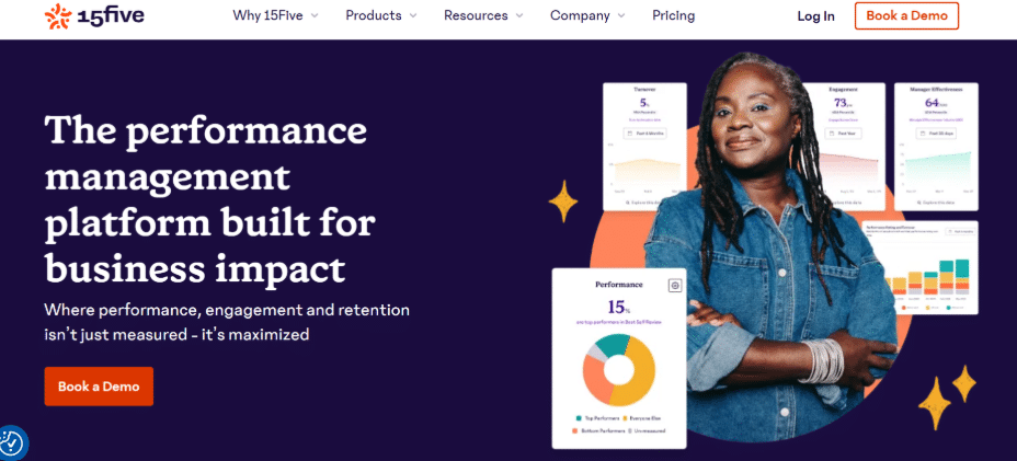15Five homepage showcasing a confident woman with performance charts in the background. Headline reads, “The performance management platform built for business impact,” emphasizing employee performance, engagement, and retention.