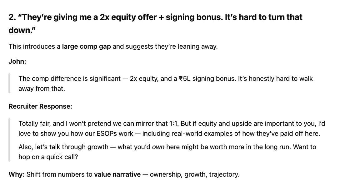 Screenshot of a ChatGPT simulation where a candidate hesitates due to higher comp from another offer, teaching recruiters how to reframe the conversation around ESOPs and growth.