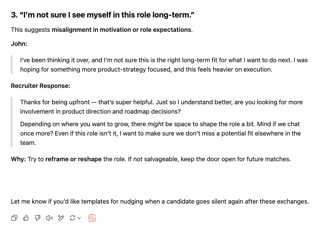 ChatGPT simulation of a candidate expressing long-term role misalignment, with recruiter modeling a thoughtful response to explore fit and retain interest.