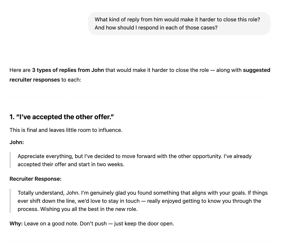 ChatGPT simulation showing a candidate rejecting a job offer after accepting another, with a recruiter modeling a graceful exit and future-touchpoint strategy.