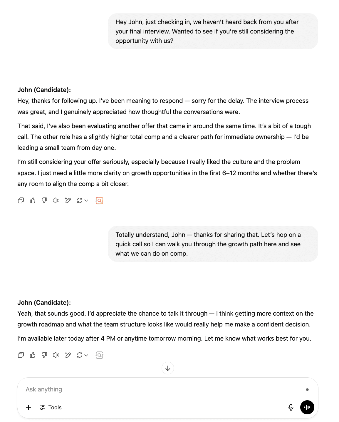 Screenshot of a simulated conversation between a recruiter and a candidate named John. The recruiter checks in after the final interview, asking if John is still considering the offer. John responds with hesitation due to a competing offer with higher compensation and clearer ownership. The recruiter suggests a call to discuss growth and compensation. John agrees, offering availability later that day or the next morning.