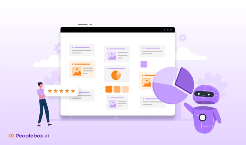 Illustration showing a dashboard interface with charts and data blocks. A person gives a 5-star rating on the left, and a purple robot points to a pie chart on the right. The image represents AI-driven performance evaluation or analytics. Peoplebox.ai branding is visible in the corner.