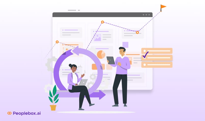 Illustration of two professionals working with performance analytics on a digital dashboard, featuring charts, task lists, and a circular progress loop, branded with Peoplebox.ai.