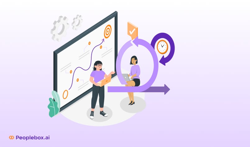 Illustration of two professionals analyzing a performance growth chart, representing talent metrics and progress tracking, with visual elements like targets, arrows, clock, and checklists, branded with Peoplebox.ai.