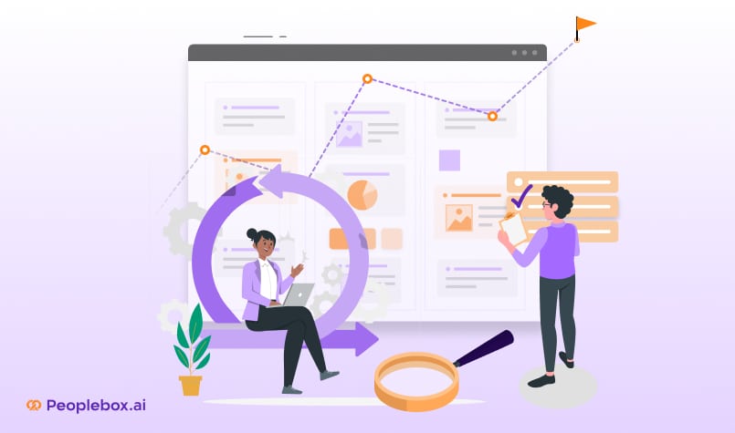 Illustration of two people analyzing data and workflows with charts, graphs, and a progress cycle.