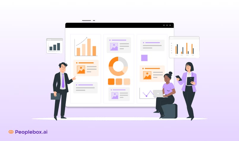 Illustration of professionals analyzing business performance dashboards with charts and graphs, representing enterprise performance management using Peoplebox.ai.