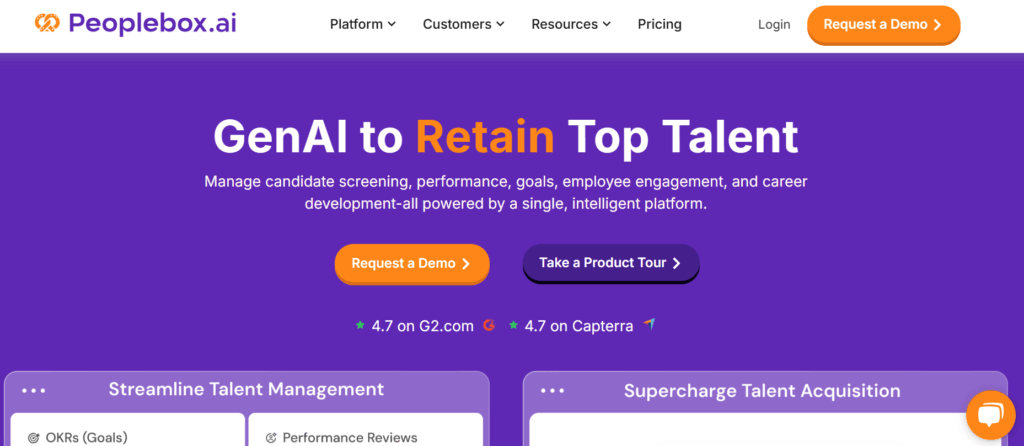 Peoplebox.ai homepage highlighting the platform’s core message: “GenAI to Retain Top Talent,” with options to request a demo or take a product tour, showcasing features like performance, goals, and employee engagement management.