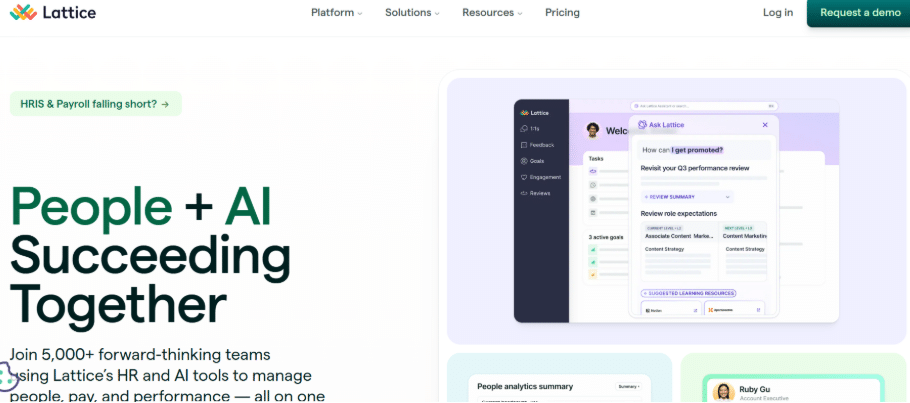 Lattice homepage showing "People + AI Succeeding Together" with an AI-powered HR dashboard and a “Request a demo” button.