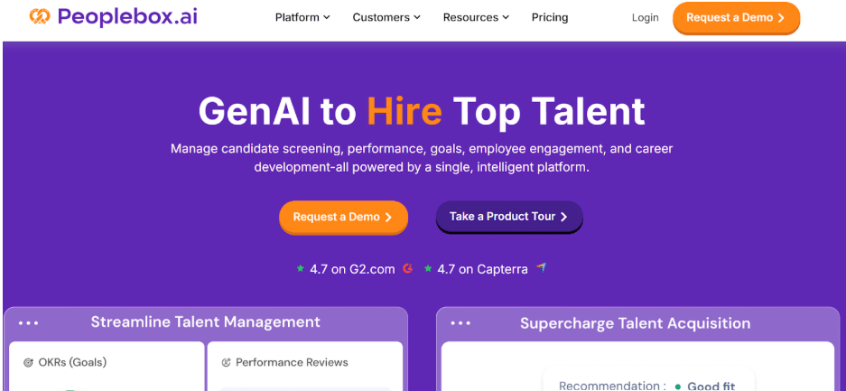 Peoplebox.ai homepage highlighting "GenAI to Hire Top Talent" with demo buttons and 4.7 ratings from G2 and Capterra.