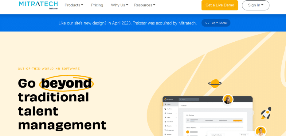 Mitratech Trakstar homepage with the headline “Go beyond traditional talent management.” The background features playful illustrations like a planet and rocket, highlighting their HR software's innovative approach.