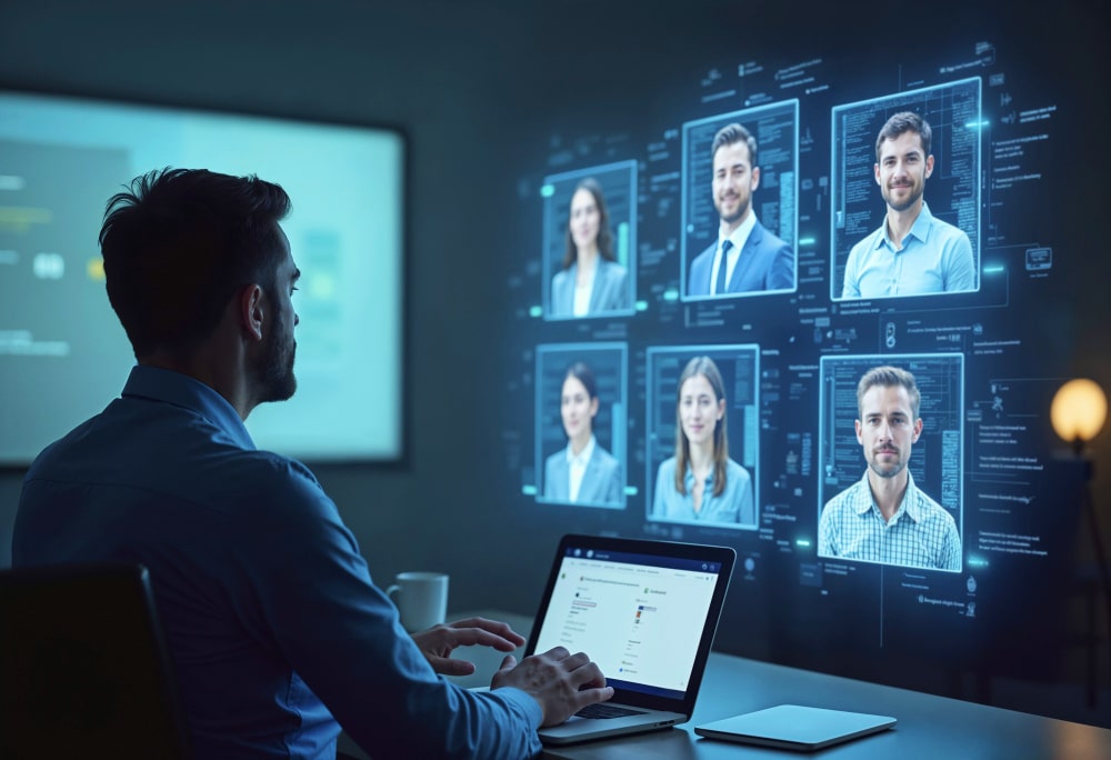 A man using a laptop to conduct virtual interviews or team evaluations, with multiple digital profiles of people displayed on a large screen in a high-tech office setting.