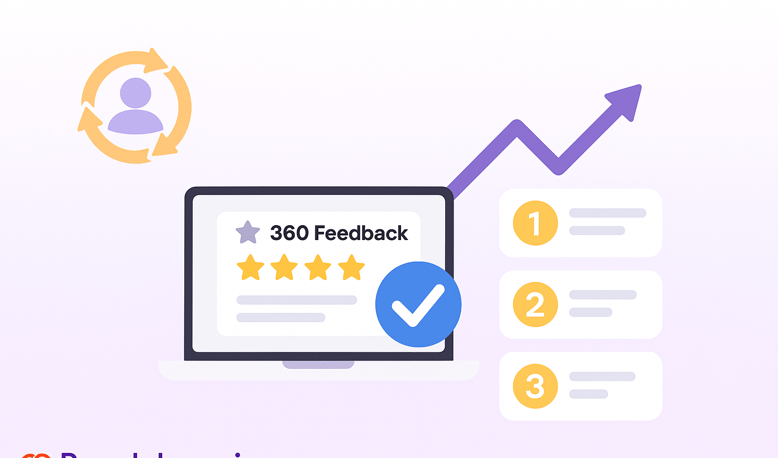 Illustration of a laptop displaying 360 feedback with star ratings, ranking list, upward growth arrow, and Peoplebox.ai logo on a purple gradient background