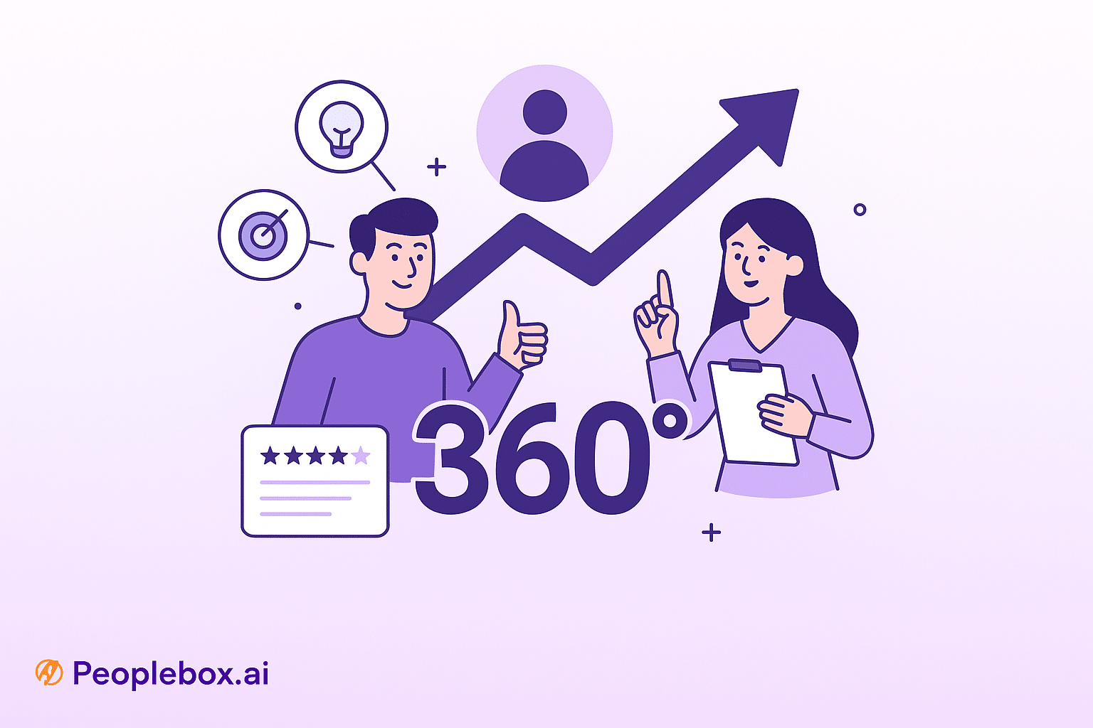 Illustration of two professionals discussing 360-degree performance review, featuring growth arrow, rating card, target, and lightbulb icons, with Peoplebox.ai logo on a purple gradient background.