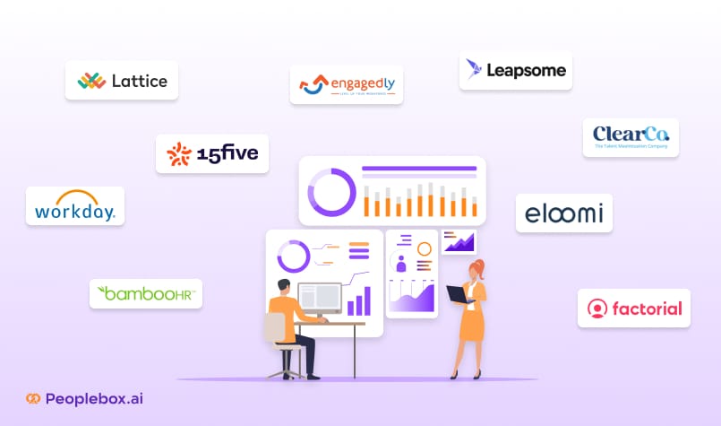Illustration of employees analyzing performance dashboards surrounded by logos of top performance management software in 2025, including Lattice, 15Five, Workday, BambooHR, Engagedly, Leapsome, ClearCo, Eloomi, and Factorial, with Peoplebox.ai branding.