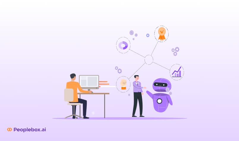 Illustration of AI-powered HR tools, showing a person at a desk and another interacting with a friendly robot, with icons representing performance, analytics, communication, and recognition Peoplebox.ai branding in the corner