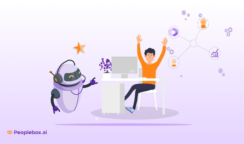 Illustration of AI interview software streamlining hiring with automation, analytics, and performance tracking, branded with Peoplebox.ai.