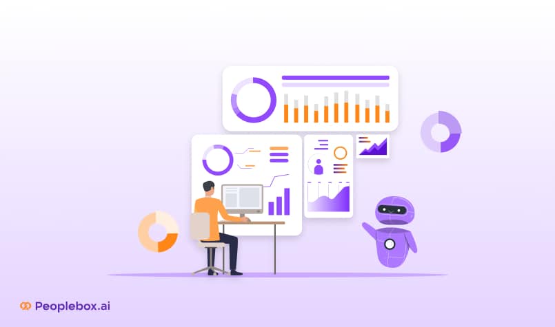 HR professional viewing charts on a computer with an AI robot beside them, symbolizing AI in talent management