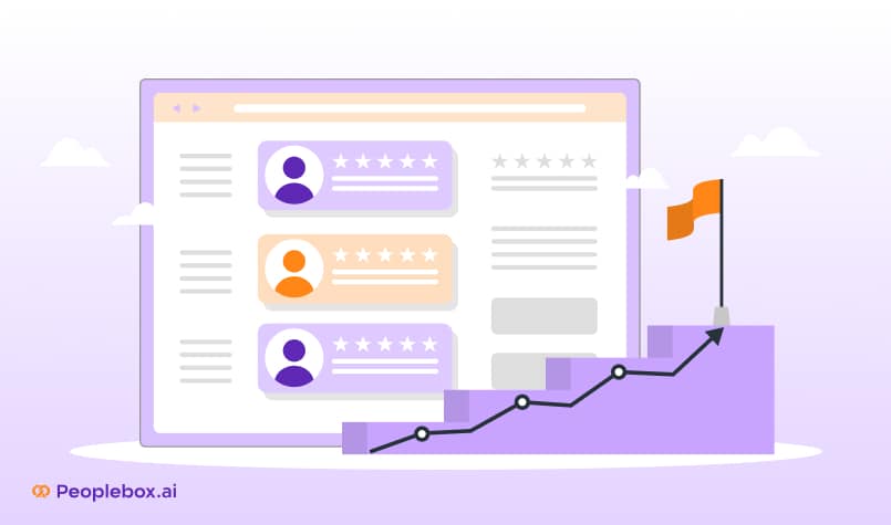 Illustration of employee performance ratings and progress graph leading to success, symbolizing performance growth and goal achievement
