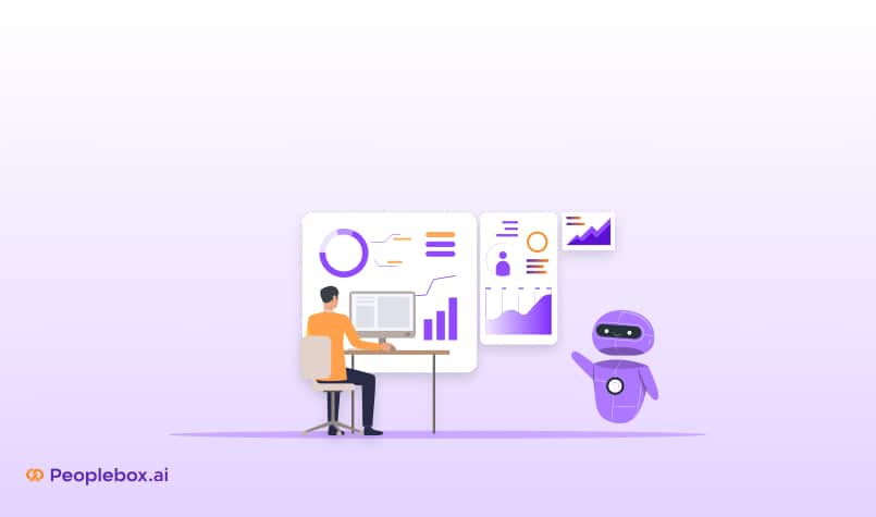 Illustration of a person analyzing HR analytics on a computer with charts and graphs, accompanied by a friendly AI robot, representing AI-powered HR solutions