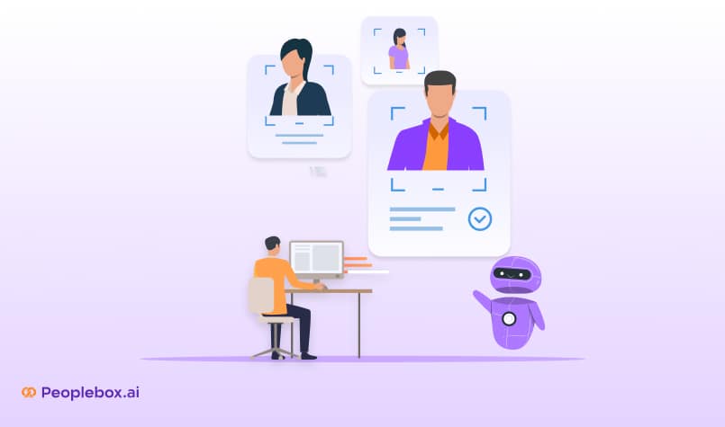 Illustration of AI-powered recruitment with a person working at a computer, candidate profiles, and a friendly robot — Peoplebox.ai
