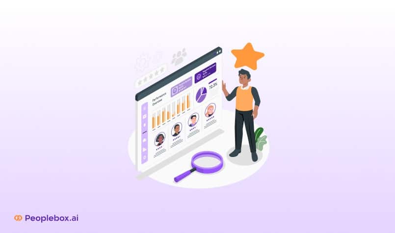 Illustration of employee performance dashboard with analytics and ratings, highlighting talent management insights