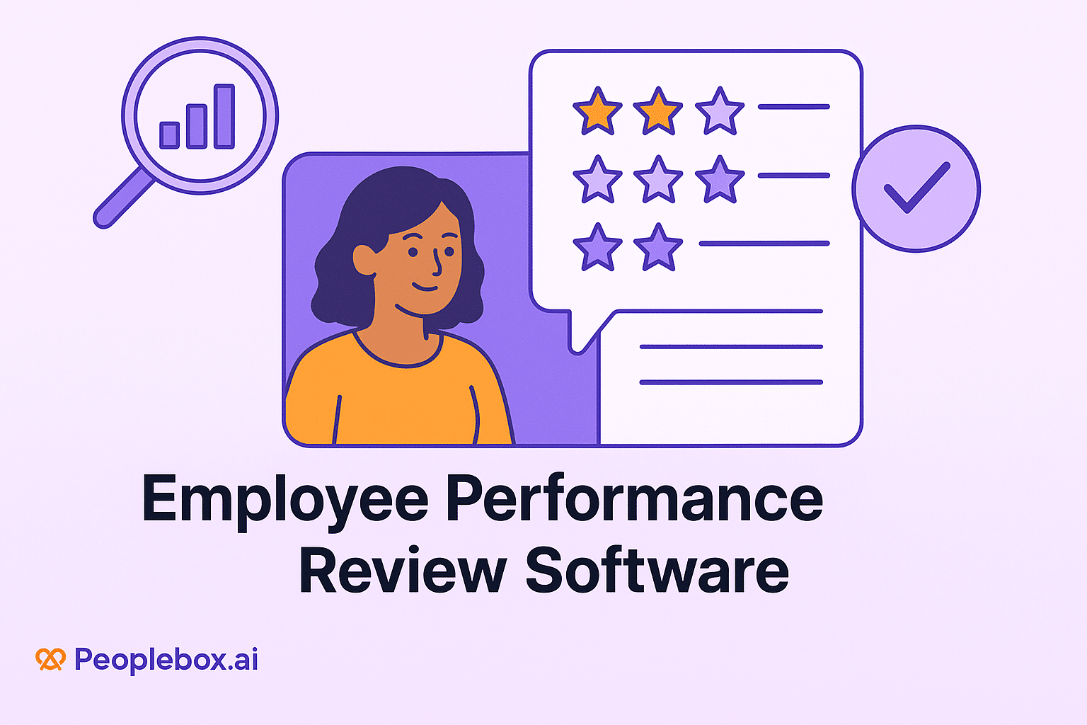 Illustration of employee performance review software with a woman’s profile, star ratings, and analytics icons, branded with Peoplebox.ai logo.