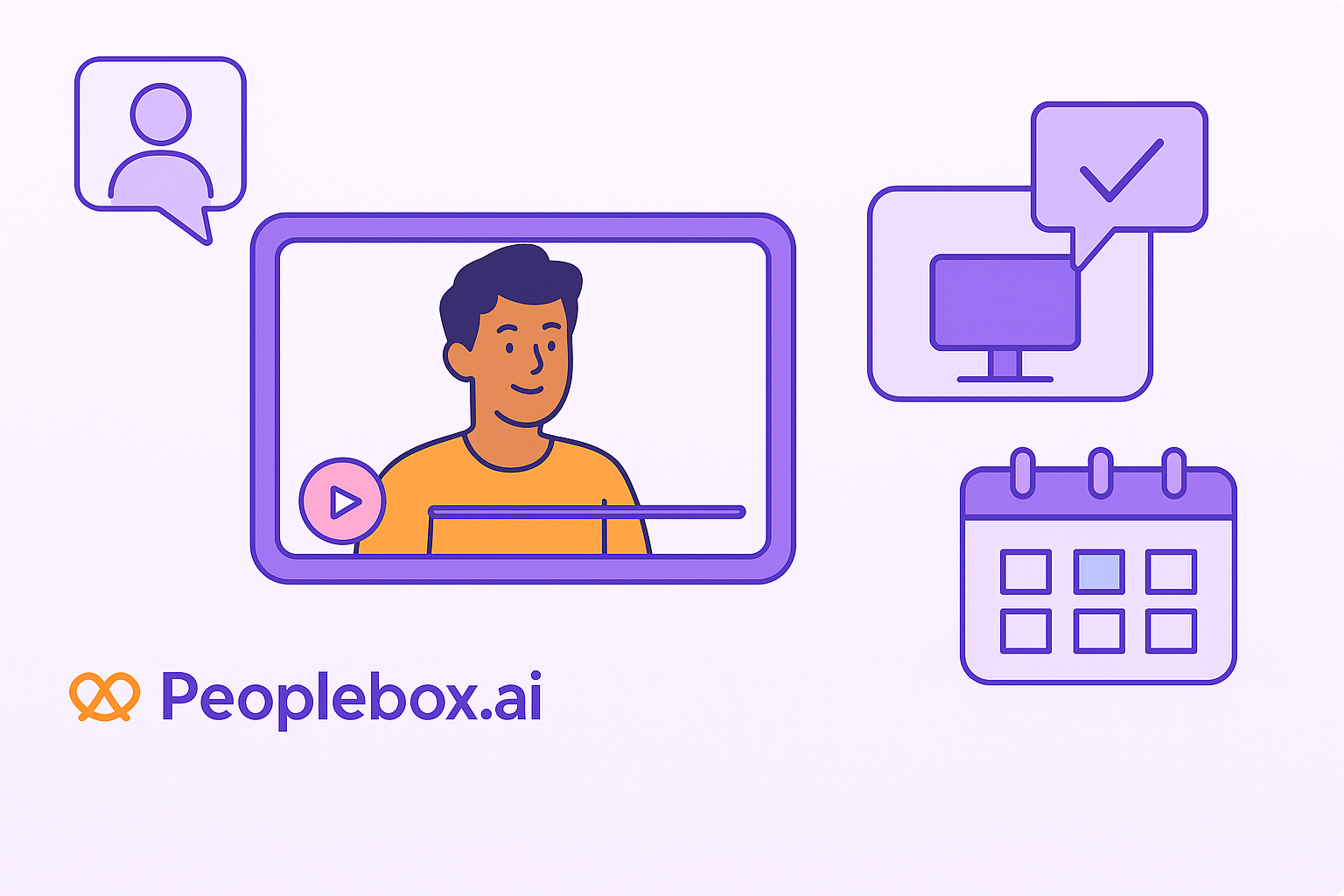 Illustration of one-way video interview software by Peoplebox.ai, showing icons for candidates, scheduling, and feedback to speed up hiring.