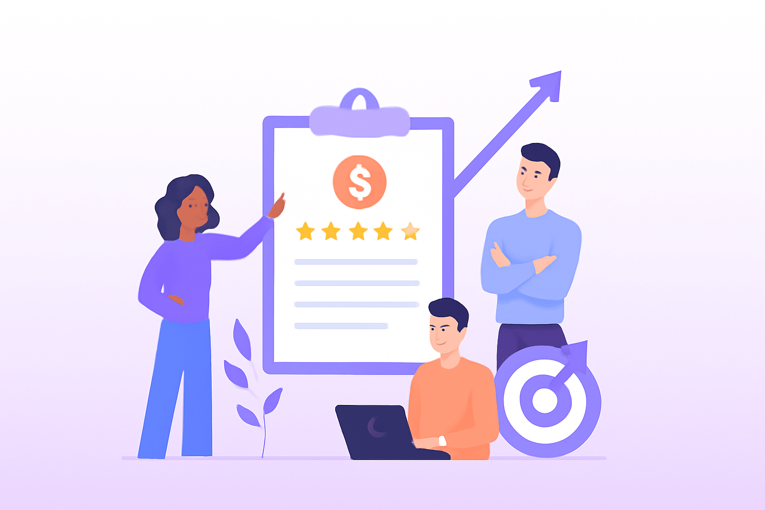 Team reviewing performance ratings and goals with growth and target icons