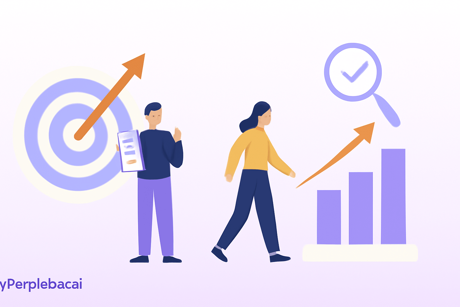 Illustration of two people working towards goals and growth — one standing beside a target with an upward arrow and a clipboard, and another walking towards a rising bar chart under a magnifying glass with a checkmark.