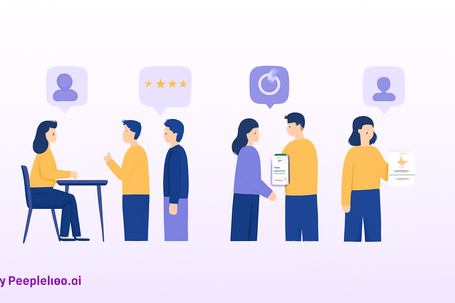 Illustration of employees engaging in performance reviews, feedback sharing, and goal discussions."